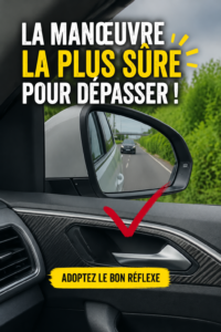 Une conductrice souriante au volant, doublant une voiture en toute sécurité sur une route claire.