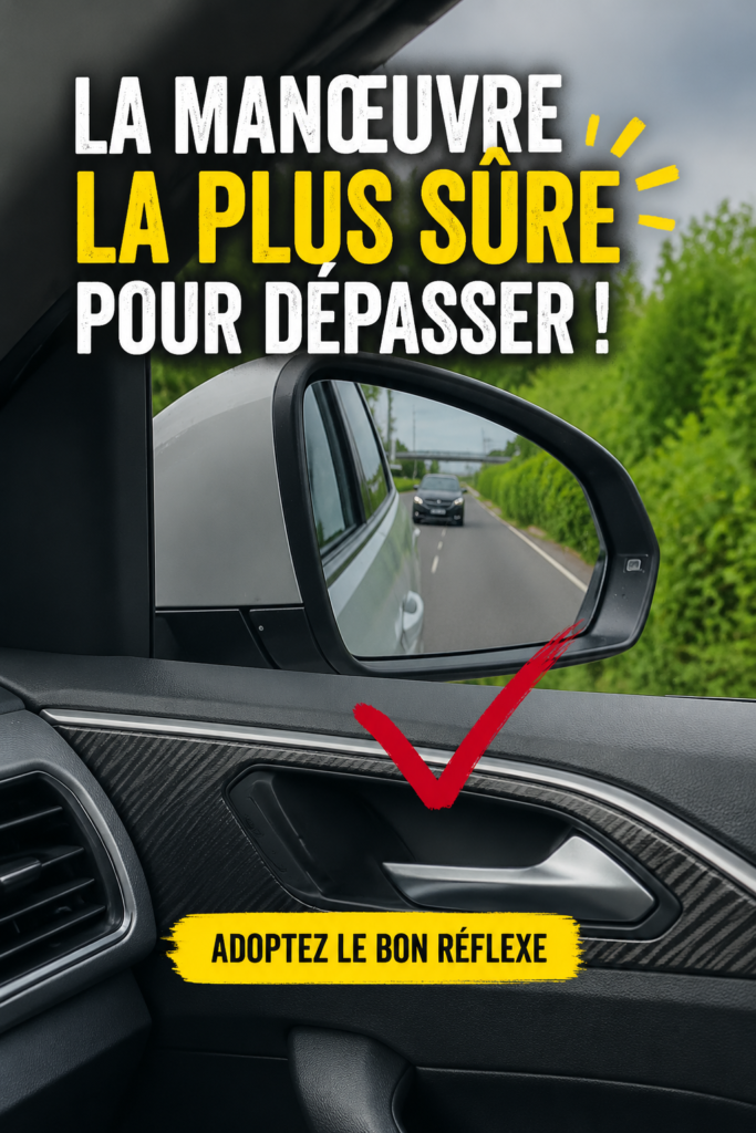 Une conductrice souriante au volant, doublant une voiture en toute sécurité sur une route claire.