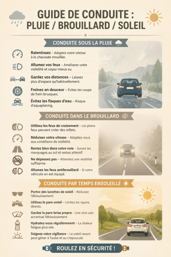 Femme conduisant une voiture sous la pluie, affichant une attitude concentrée et sereine.