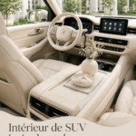 Intérieur d'un SUV de luxe en ivoire avec détails sculptés et design élégant.