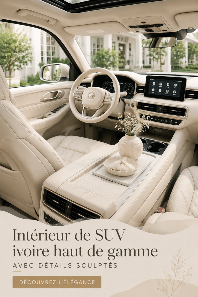 Intérieur d'un SUV de luxe en ivoire avec détails sculptés et design élégant.