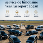 Image d'une limousine garée devant l'aéroport de Logan, symbole de luxe et de confort