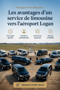 Image d'une limousine garée devant l'aéroport de Logan, symbole de luxe et de confort