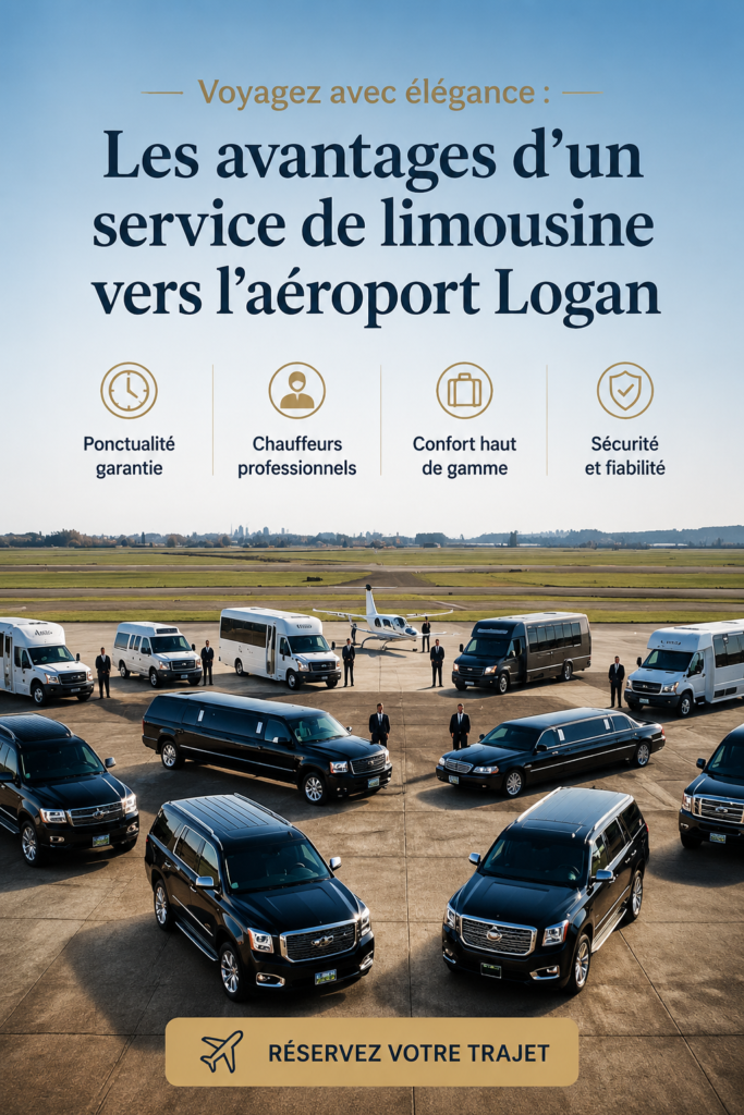 Image d'une limousine garée devant l'aéroport de Logan, symbole de luxe et de confort