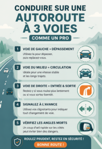 Femme sereine conduisant sur une autoroute à trois voies.
