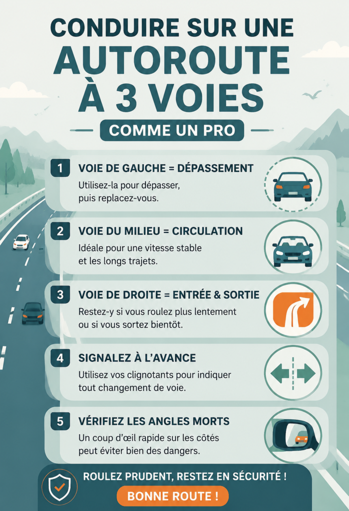 Femme sereine conduisant sur une autoroute à trois voies.