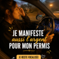 Femme souriante imaginant son futur avec son permis de conduire.