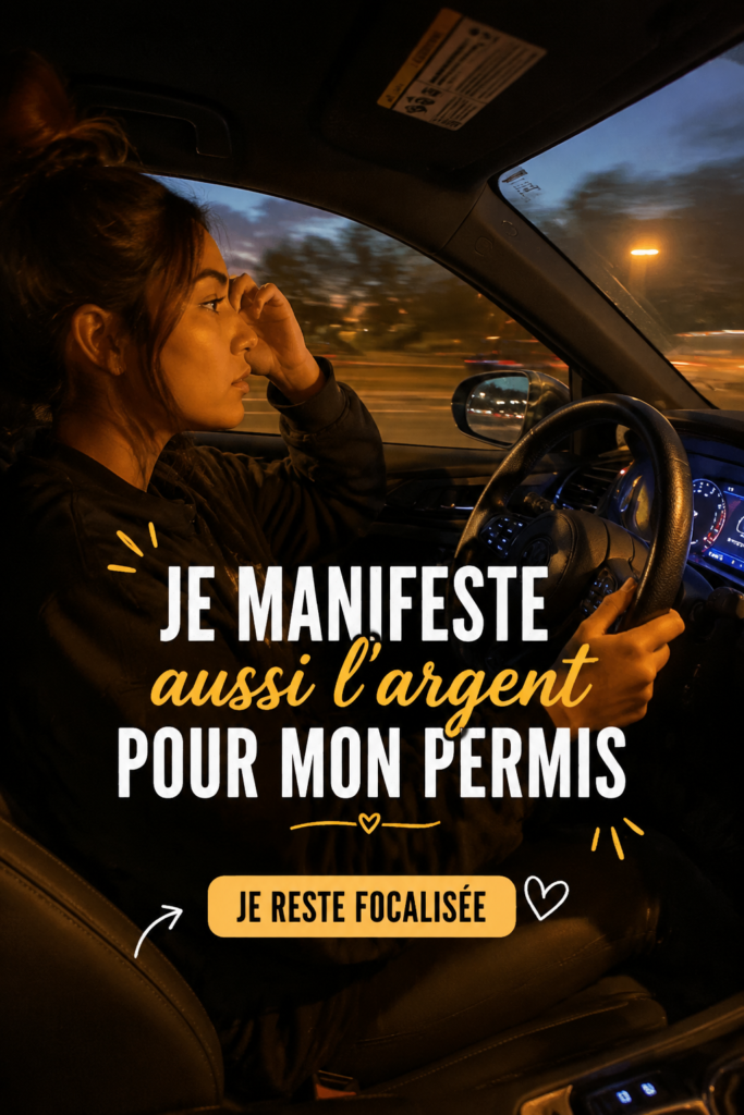 Femme souriante imaginant son futur avec son permis de conduire.