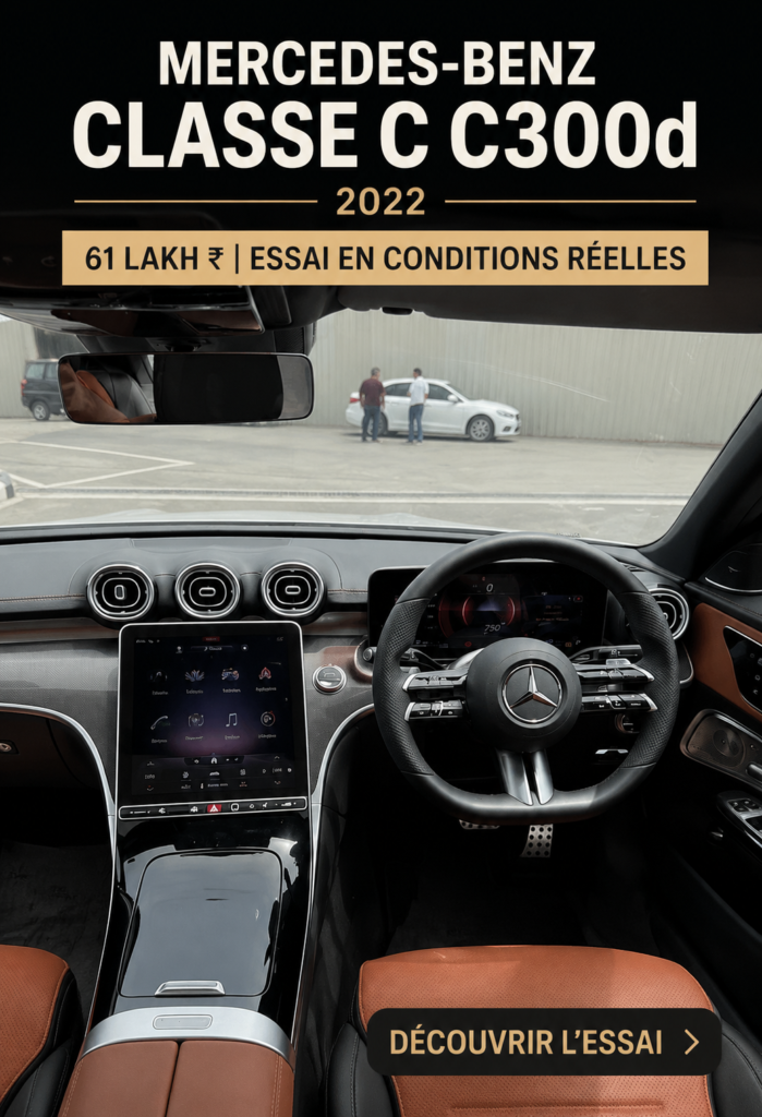 Vue élégante de la Mercedes-Benz C300d 2022 sur la route, mettant en avant son design moderne.