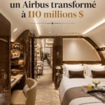 Vue extérieure d'un jet privé récemment transformé à partir d'un Airbus, symbolisant le luxe et la modernité.