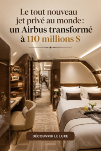 Vue extérieure d'un jet privé récemment transformé à partir d'un Airbus, symbolisant le luxe et la modernité.