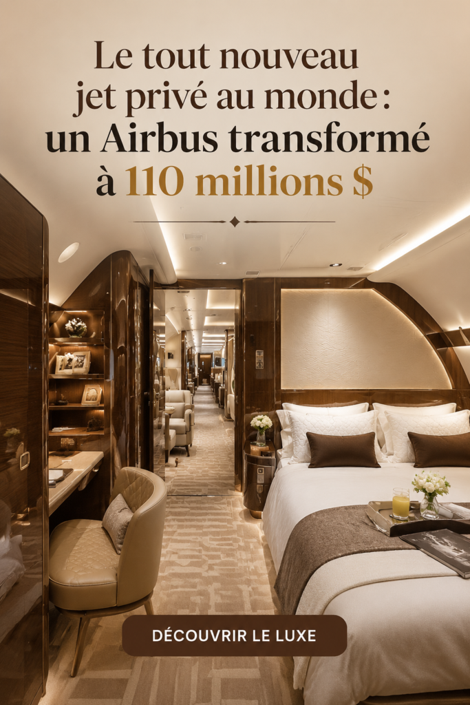 Vue extérieure d'un jet privé récemment transformé à partir d'un Airbus, symbolisant le luxe et la modernité.