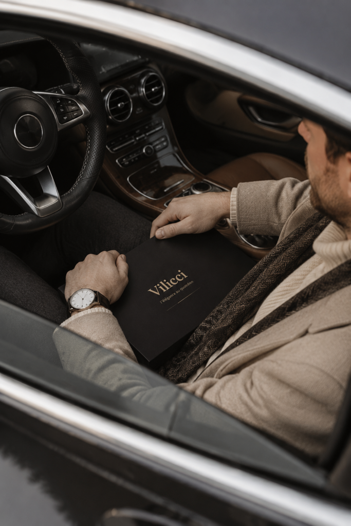 Parfum Vilicci dans un intérieur de voiture de luxe, créant une ambiance relaxante.