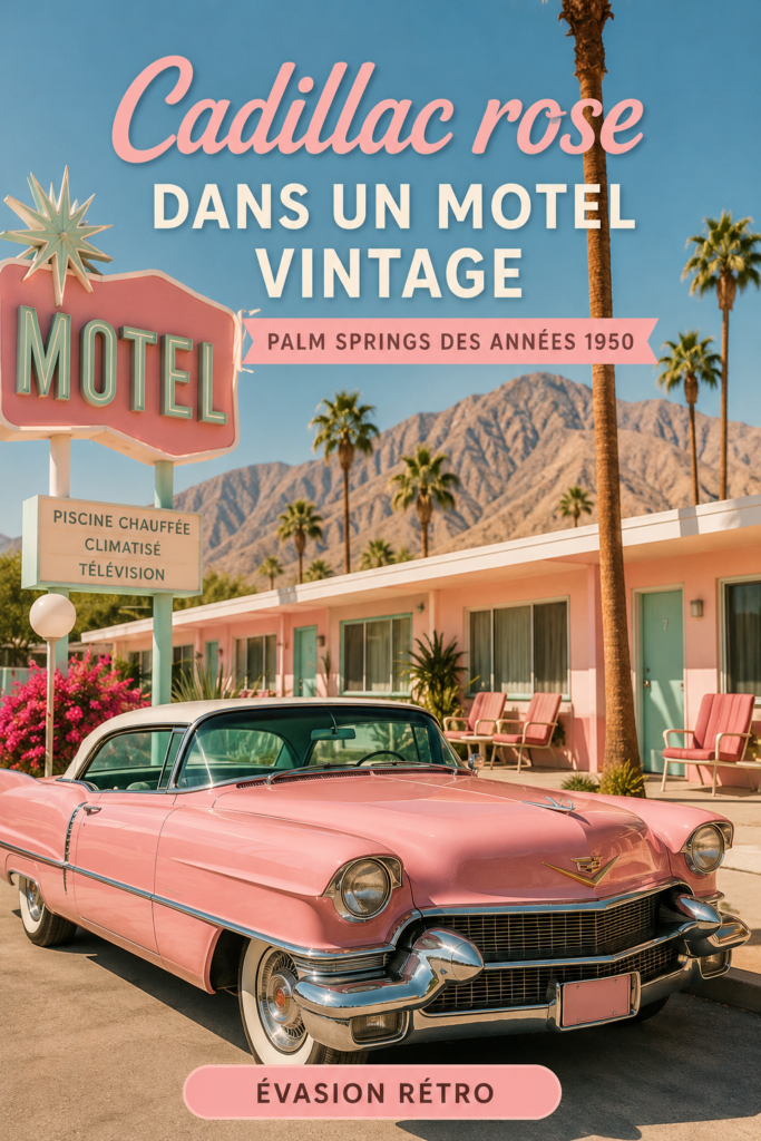 Une Pink Cadillac vintage garée devant un motel rétro, symbole de l'élégance des années 50.