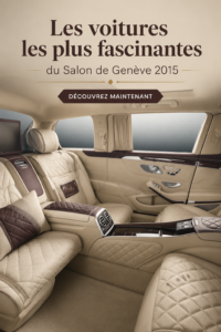 Vue d'un stand du salon de Genève 2015 avec des voitures emblématiques en exposition.