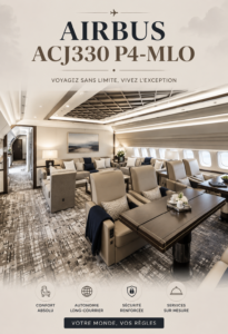 Vue de l'intérieur luxueux de l'Airbus ACJ330 P4-MLO, mettant en valeur le confort et l'élégance.