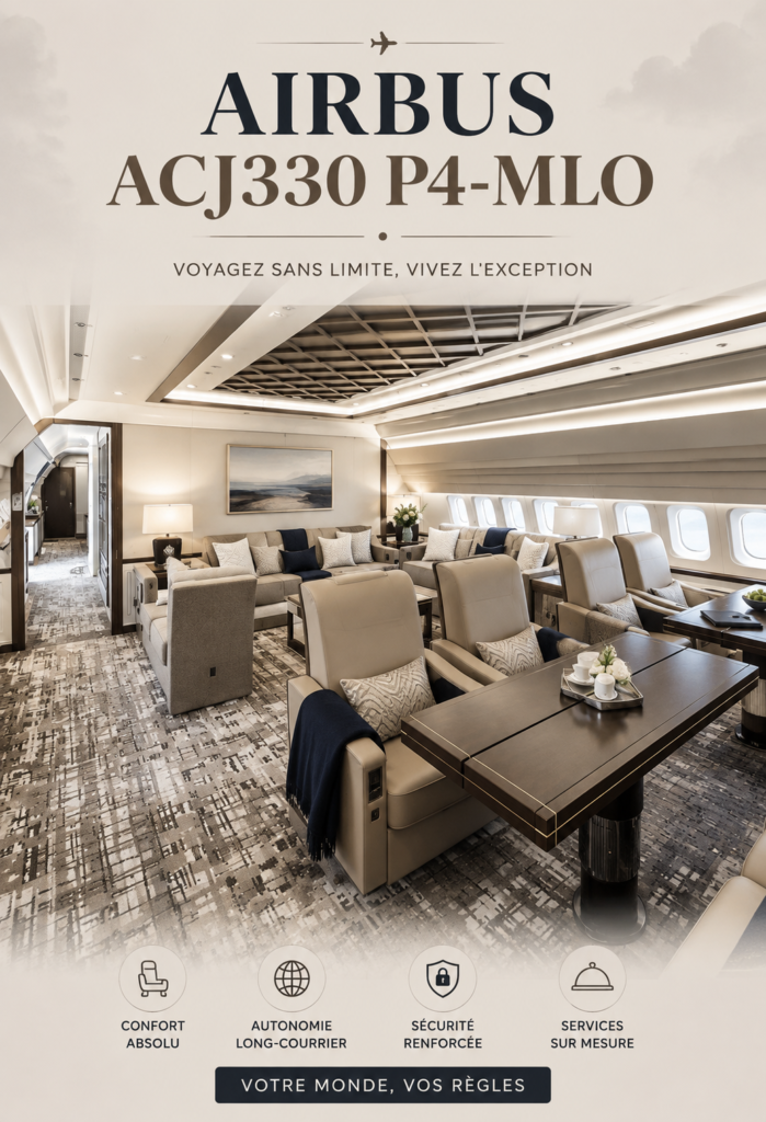 Vue de l'intérieur luxueux de l'Airbus ACJ330 P4-MLO, mettant en valeur le confort et l'élégance.