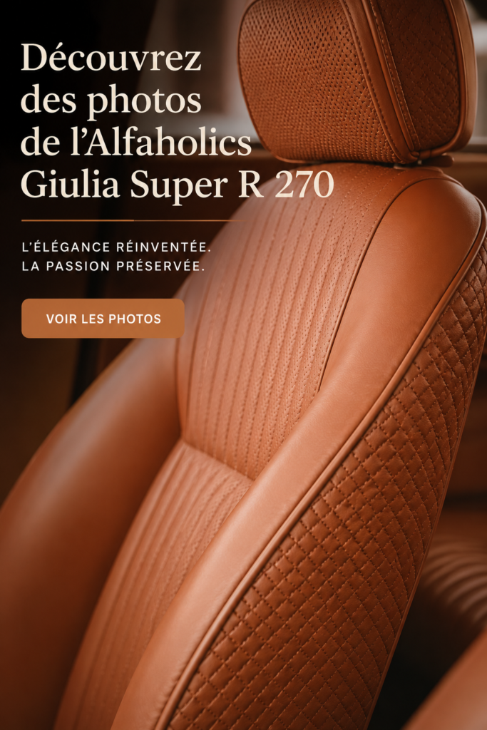 Image de l'intérieur luxueux de l'Alfaholics Giulia Super R 270, mettant en avant ses finitions raffinées.