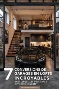 Un garage rénové en loft moderne avec mobilier chic et lumineux.
