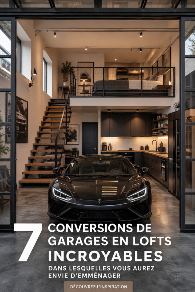Un garage rénové en loft moderne avec mobilier chic et lumineux.