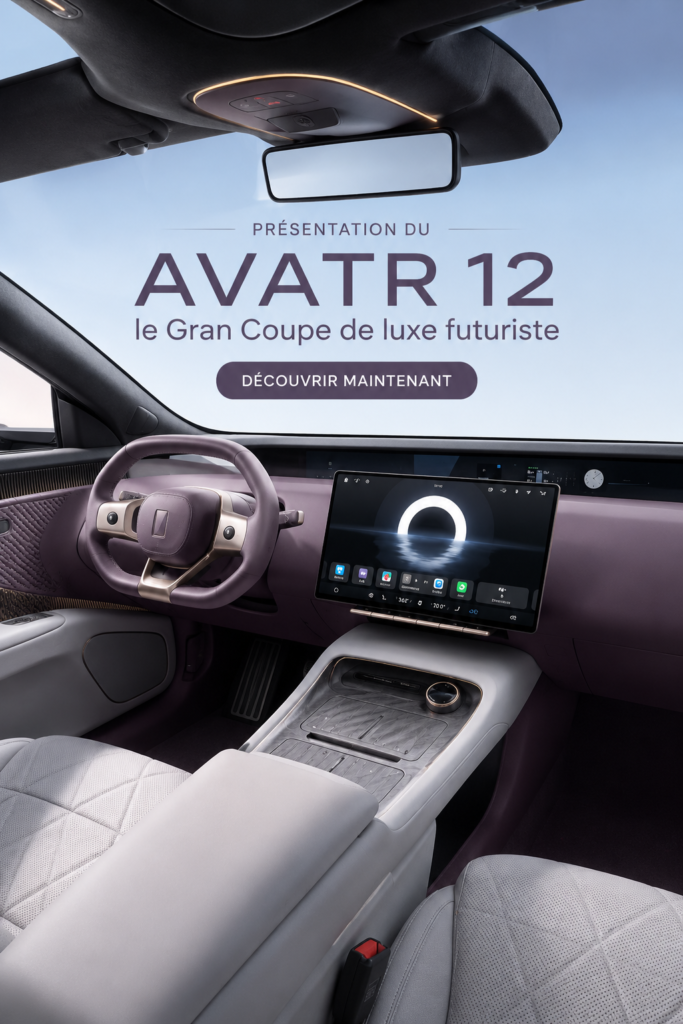 Vue extérieure de l'AVATR 12, une Gran Coupe de luxe futuriste.