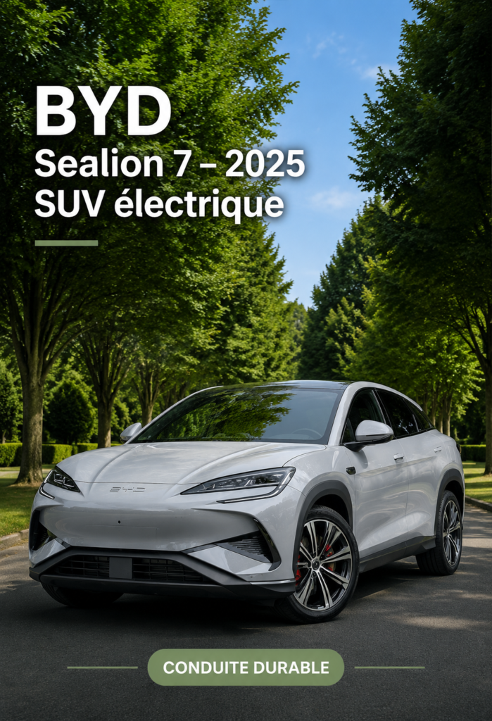 Vue du SUV électrique BYD Sealion 7, mettant en avant son design moderne et son intérieur élégant.