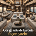 Un camping-car luxueux au design contemporain inspiré des yachts, garé sur une route panoramique.