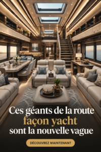 Un camping-car luxueux au design contemporain inspiré des yachts, garé sur une route panoramique.