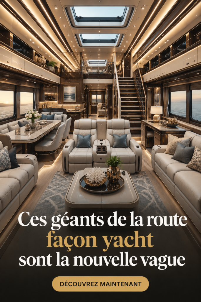Un camping-car luxueux au design contemporain inspiré des yachts, garé sur une route panoramique.