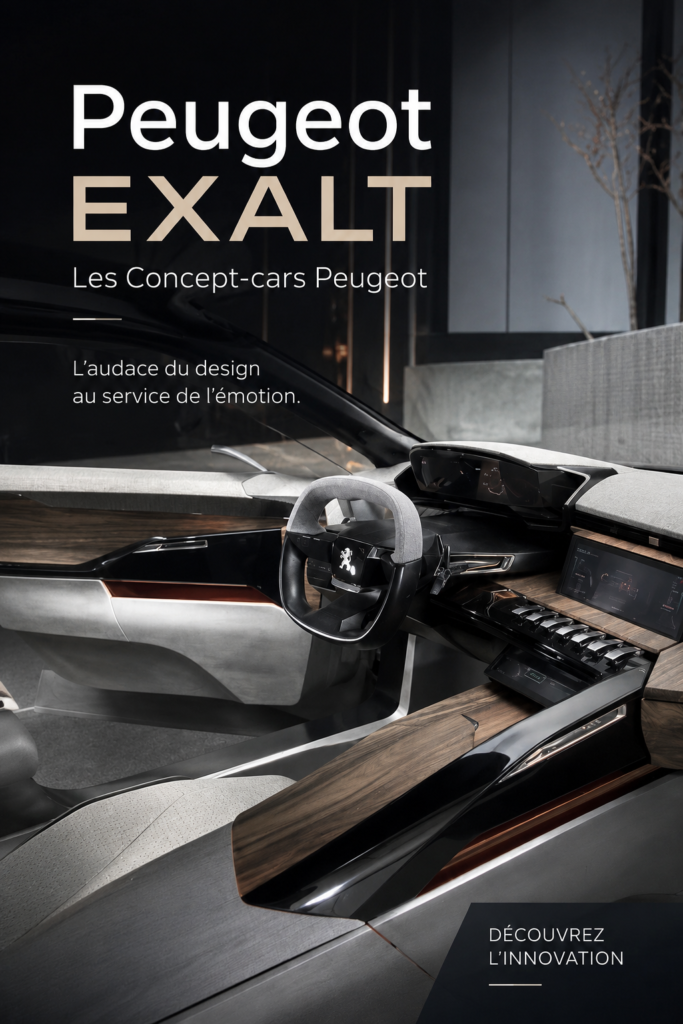 Vue d'un concept-car Peugeot EXALT, mettant en avant son design futuriste et ses lignes élégantes.