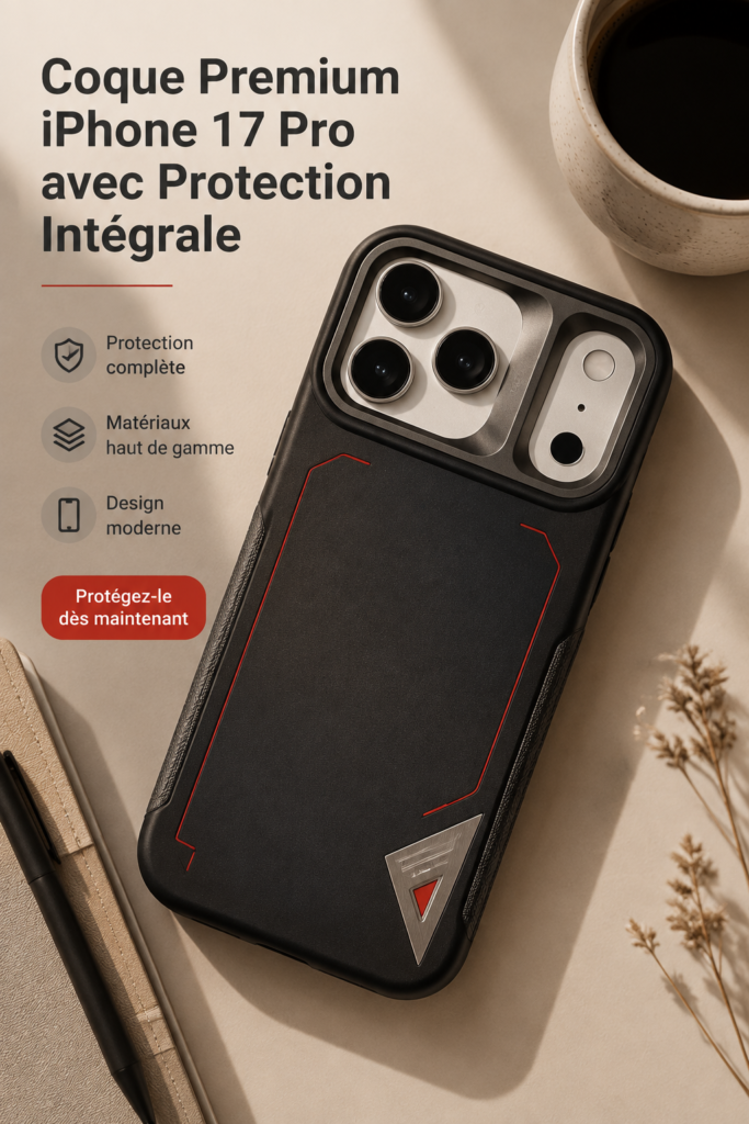 Coque premium iPhone 17 Pro stylée et protectrice sur un fond élégant
