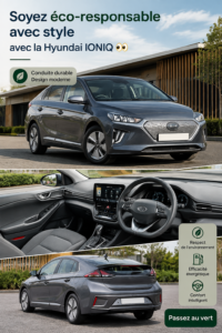 Vue extérieure de la Hyundai IONIQ, véhicule de luxe éco-responsable dans un cadre naturel.