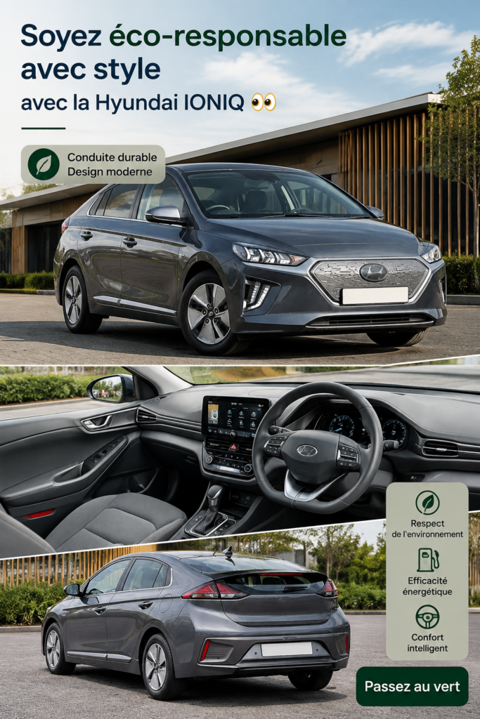 Vue extérieure de la Hyundai IONIQ, véhicule de luxe éco-responsable dans un cadre naturel.