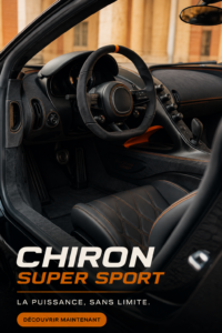Intérieur luxueux du Chiron Super Sport avec des matériaux raffinés et un design moderne.
