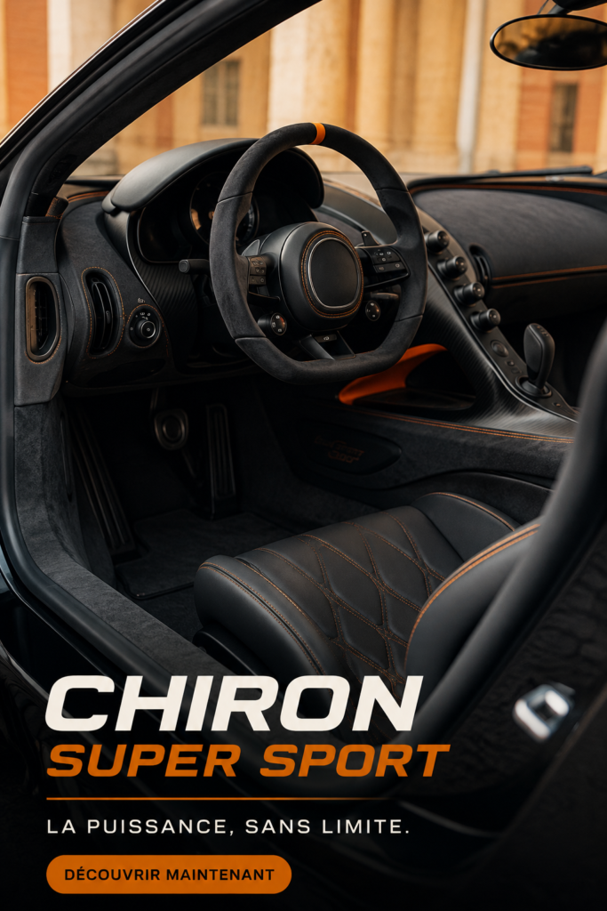 Intérieur luxueux du Chiron Super Sport avec des matériaux raffinés et un design moderne.