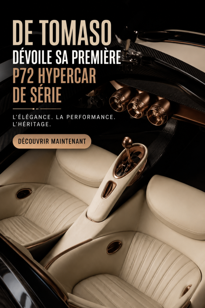 Vue de l'intérieur raffiné du De Tomaso P72, illustrant le luxe et la technologie.