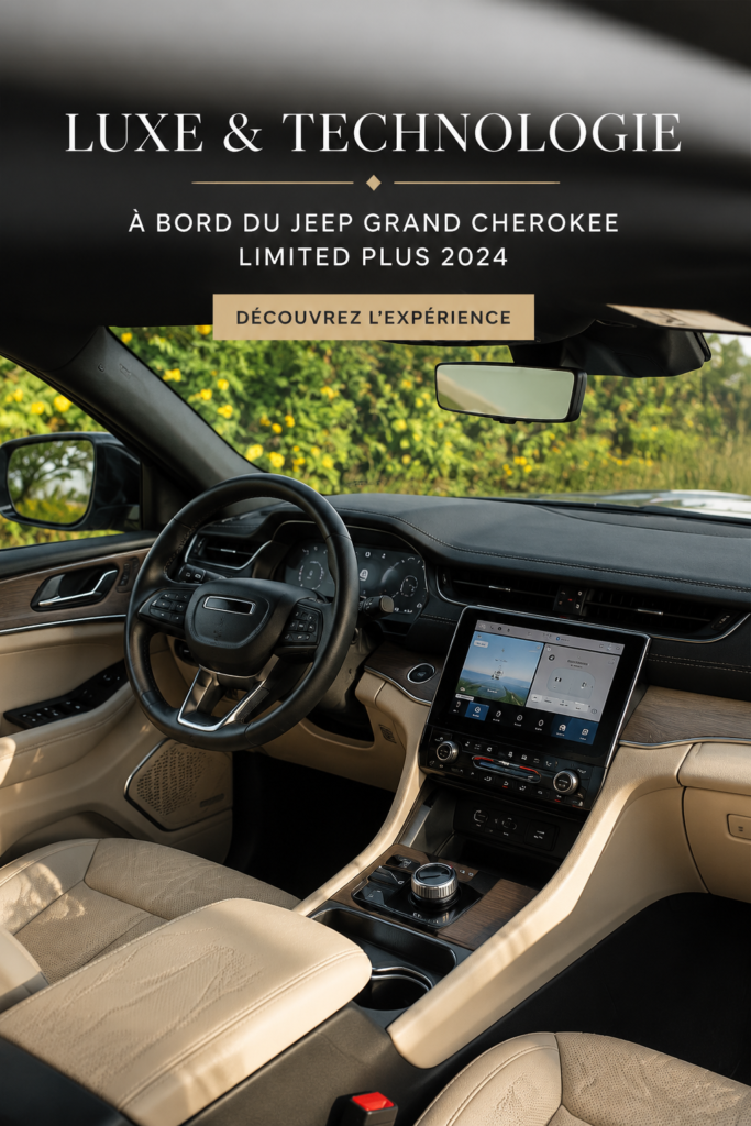 Intérieur luxueux et moderne du Jeep Grand Cherokee Limited Plus 2024 avec des sièges en cuir et un tableau de bord technologique.