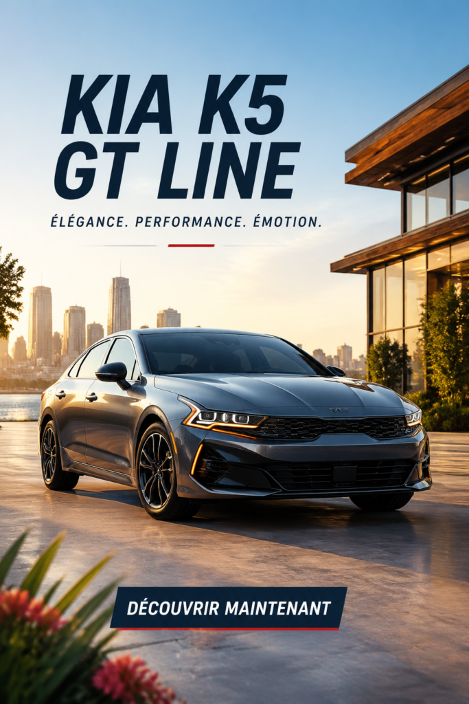 Intérieur élégant de la Kia K5 GT Line, avec des matériaux raffinés et une ambiance chaleureuse.