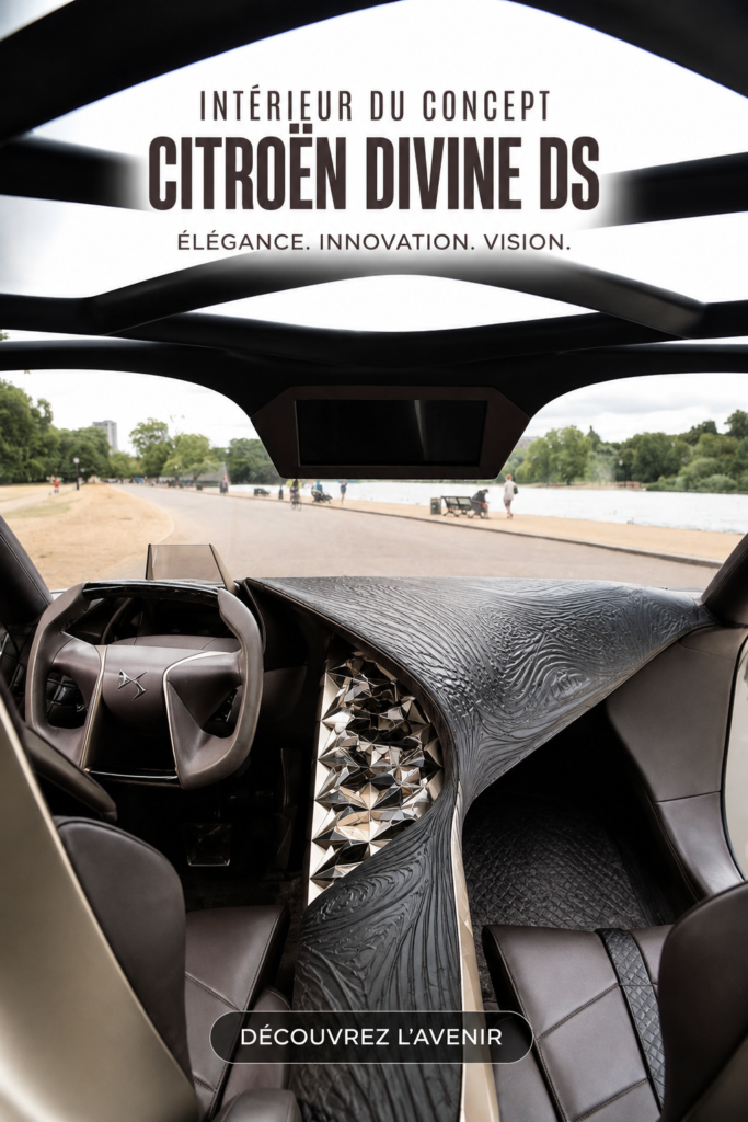 Intérieur de la Citroën Divine DS, mettant en valeur ses matériaux raffinés et sa technologie moderne.