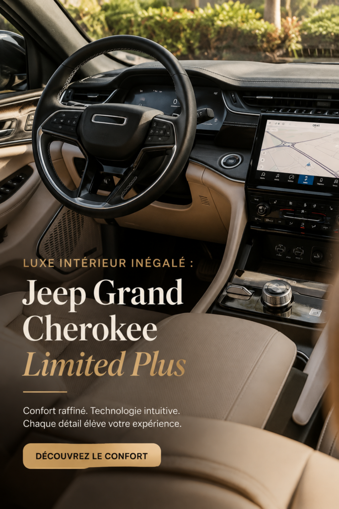 Intérieur luxueux du Jeep Grand Cherokee Limited Plus, mettant en avant ses sièges en cuir et finitions élégantes.