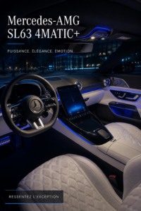 Intérieur luxueux de la Mercedes-AMG SL63 4MATIC+, mettant en avant le design raffiné et les matériaux de qualité.