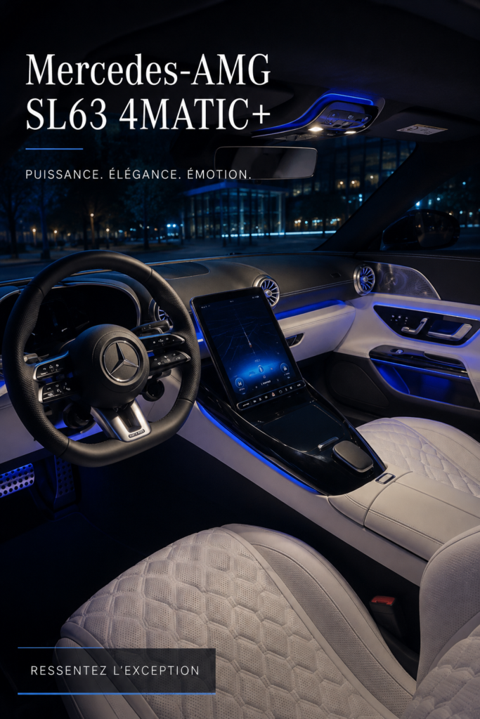 Intérieur luxueux de la Mercedes-AMG SL63 4MATIC+, mettant en avant le design raffiné et les matériaux de qualité.