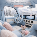 Intérieur luxueux et féminin d'un SUV bleu ciel, avec des textures douces et des éléments décoratifs.