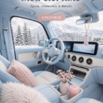Intérieur luxueux et féminin d'un SUV bleu ciel, avec des textures douces et des éléments décoratifs.
