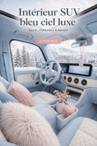 Intérieur luxueux et féminin d'un SUV bleu ciel, avec des textures douces et des éléments décoratifs.