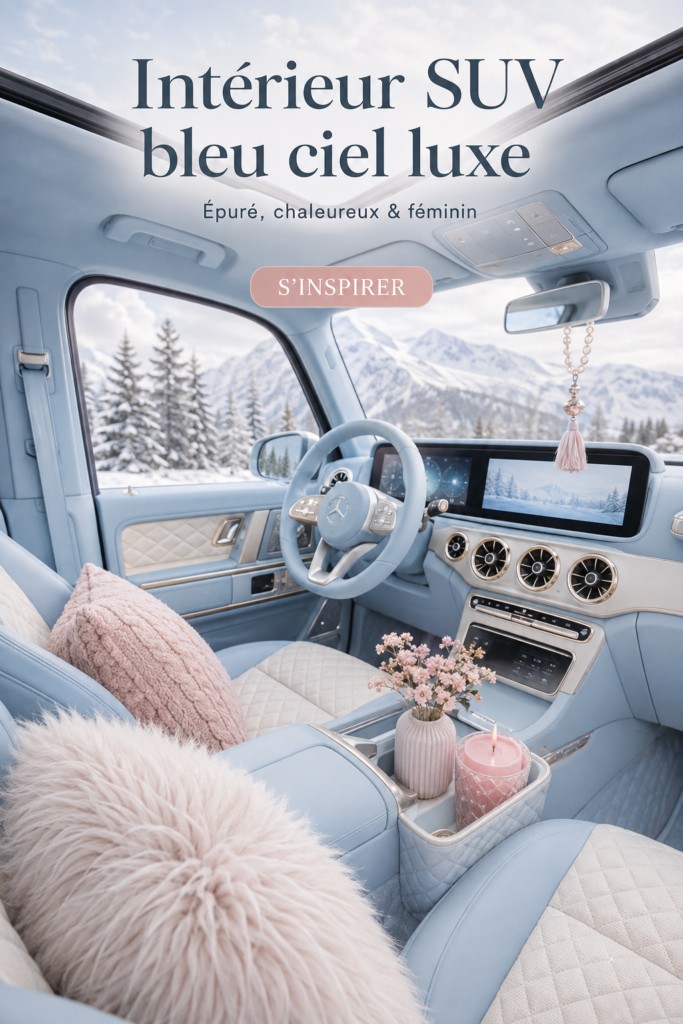 Intérieur luxueux et féminin d'un SUV bleu ciel, avec des textures douces et des éléments décoratifs.