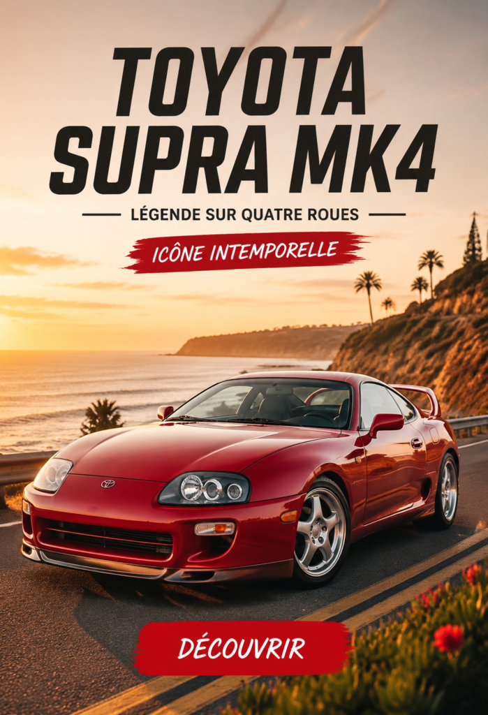 Intérieur luxueux de la Toyota Supra MK4, avec des sièges en cuir et un tableau de bord moderne.