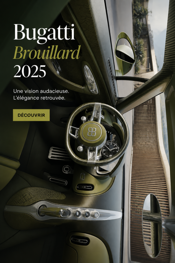 Intérieur luxueux de la Bugatti Brouillard 2025 avec des matériaux raffinés.