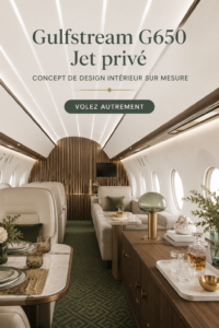 Intérieur d'un jet Gulfstream G650 avec un aménagement luxueux et des finitions élégantes.
