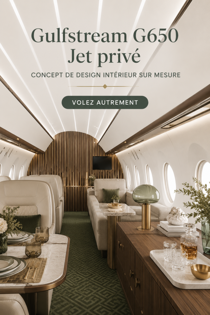 Intérieur d'un jet Gulfstream G650 avec un aménagement luxueux et des finitions élégantes.